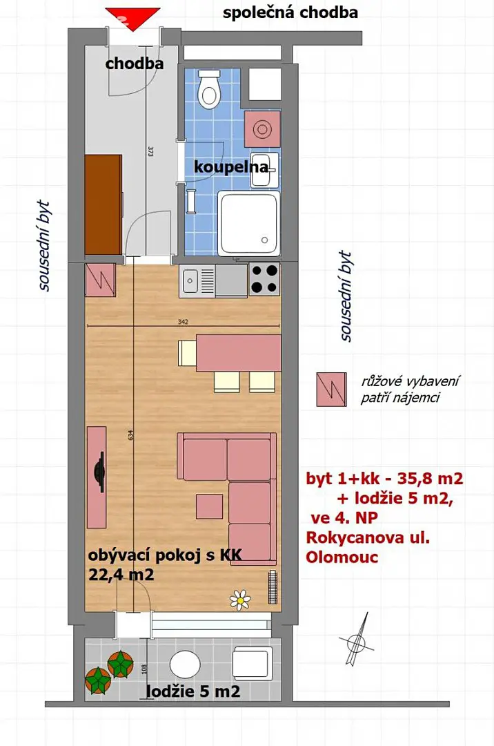 Pronájem bytu 1+kk 41 m², Rokycanova, Olomouc - Nové Sady