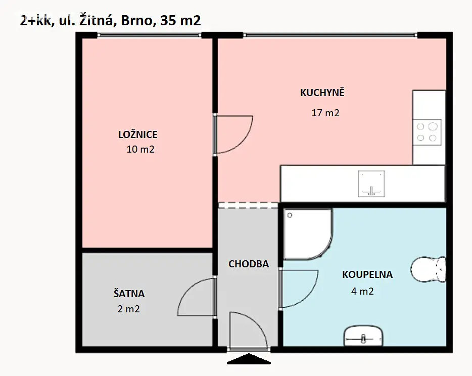 Pronájem bytu 2+kk 35 m², Žitná, Brno - Řečkovice