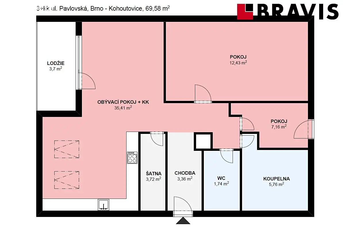 Pronájem bytu 3+kk 69 m², Pavlovská, Brno - Kohoutovice