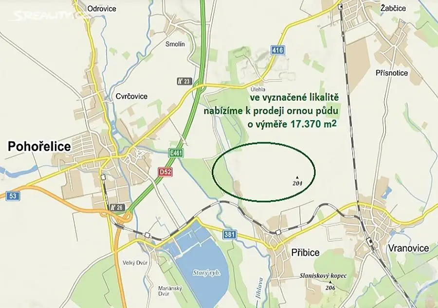 Prodej  pole 17 370 m², Přibice, okres Brno-venkov