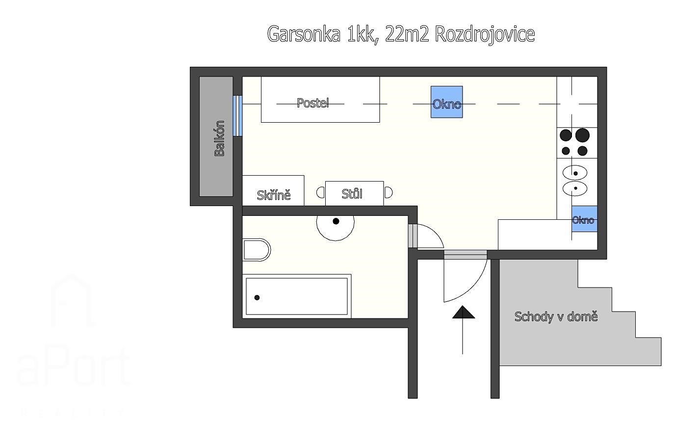 Pronájem bytu 1+kk 22 m² (Podkrovní), Pod Školou, Rozdrojovice