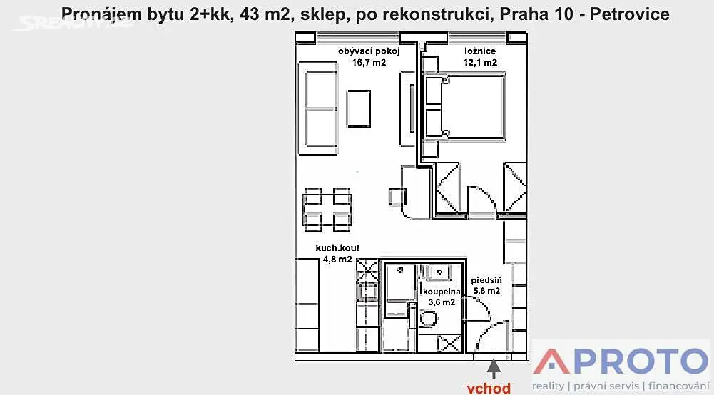 Pronájem bytu 2+kk 43 m², Lessnerova, Praha 10 - Petrovice