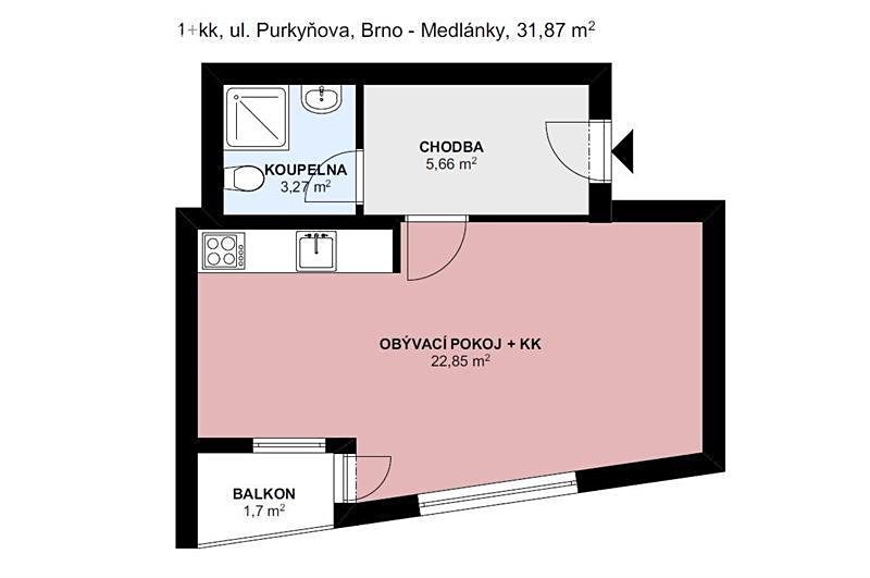 Pronájem bytu 1+kk 33 m², Purkyňova, Brno - Královo Pole