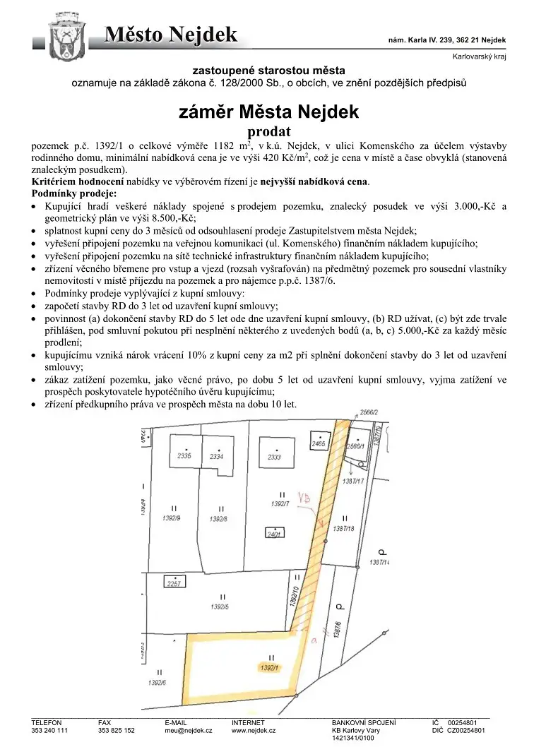 Prodej  stavebního pozemku 1 182 m², Komenského, Nejdek