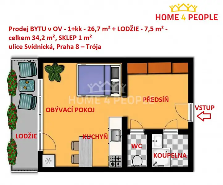 Prodej bytu 1+kk 34 m², Svídnická, Praha 8 - Troja