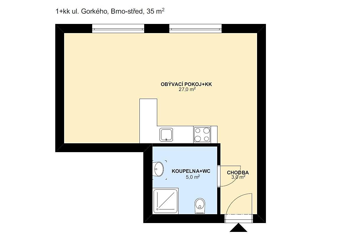 Pronájem bytu 1+kk 35 m², Gorkého, Brno - Veveří