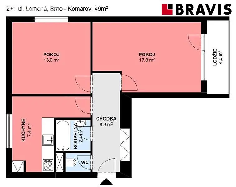 Pronájem bytu 2+1 59 m², Lomená, Brno - Komárov