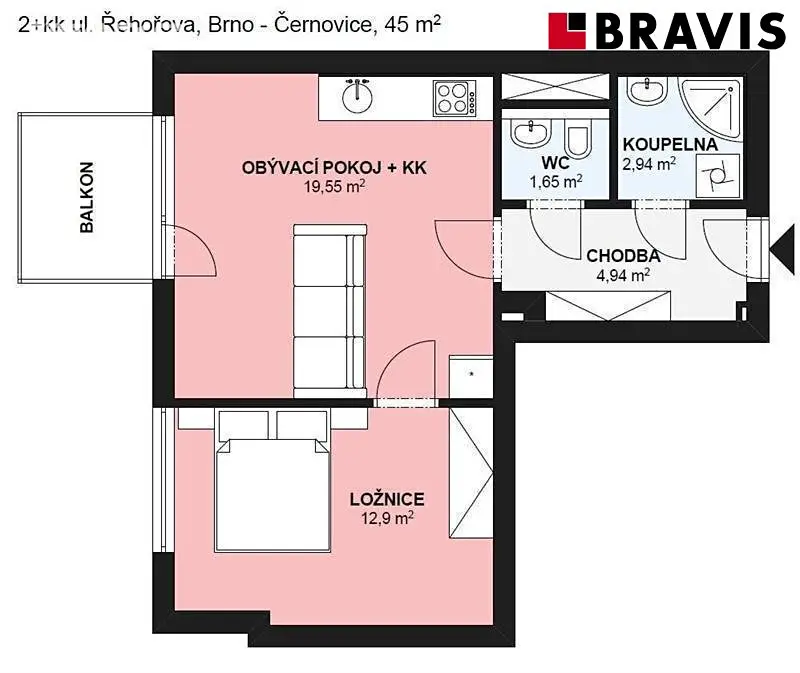 Pronájem bytu 2+kk 45 m², Řehořova, Brno - Černovice