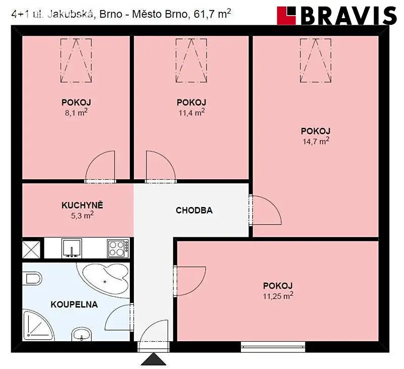 Pronájem bytu 4+1 61 m², Jakubská, Brno - Brno-město