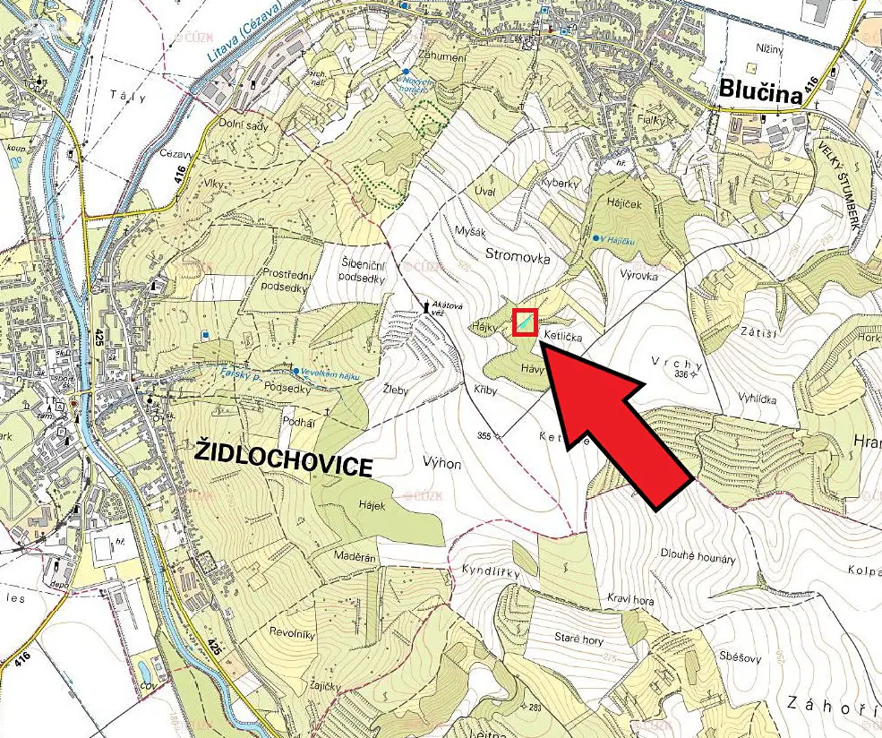 Prodej  lesa 950 m², Blučina, okres Brno-venkov