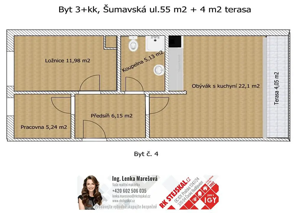 Pronájem bytu 3+kk 55 m², Šumavská, České Budějovice - České Budějovice 7