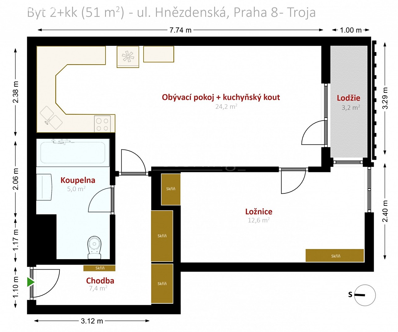 Pronájem bytu 2+kk 51 m², Hnězdenská, Praha 8 - Troja