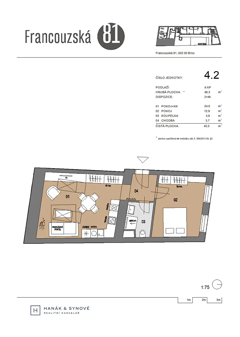 Prodej bytu 2+kk 45 m², Francouzská, Brno - Zábrdovice