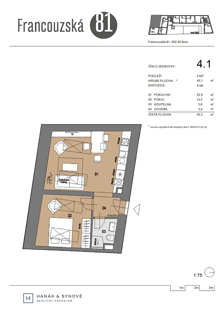 Prodej bytu 2+kk 42 m², Francouzská, Brno - Zábrdovice