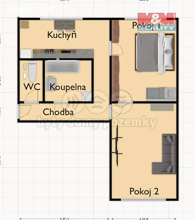 Pronájem bytu 2+1 55 m², třída SNP, Hradec Králové - Slezské Předměstí