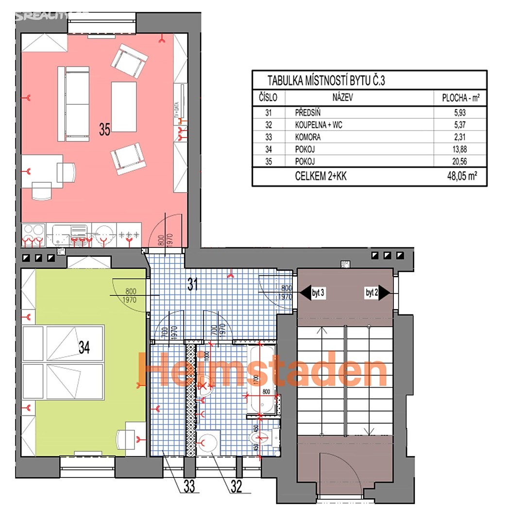 Pronájem bytu 2+kk 46 m², Nadační, Ostrava - Kunčičky