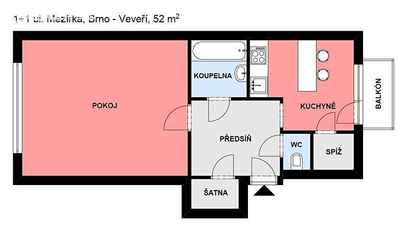 Pronájem bytu 1+1 52 m², Mezírka, Brno - Veveří