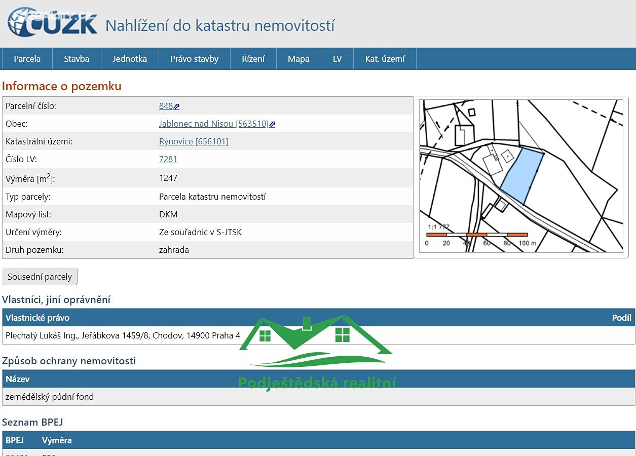 Prodej  stavebního pozemku 2 249 m², Jablonec nad Nisou - Rýnovice, okres Jablonec nad Nisou
