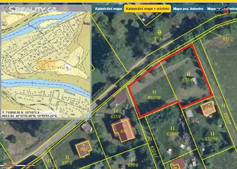 Prodej  stavebního pozemku 894 m², Samopše - Budín, okres Kutná Hora