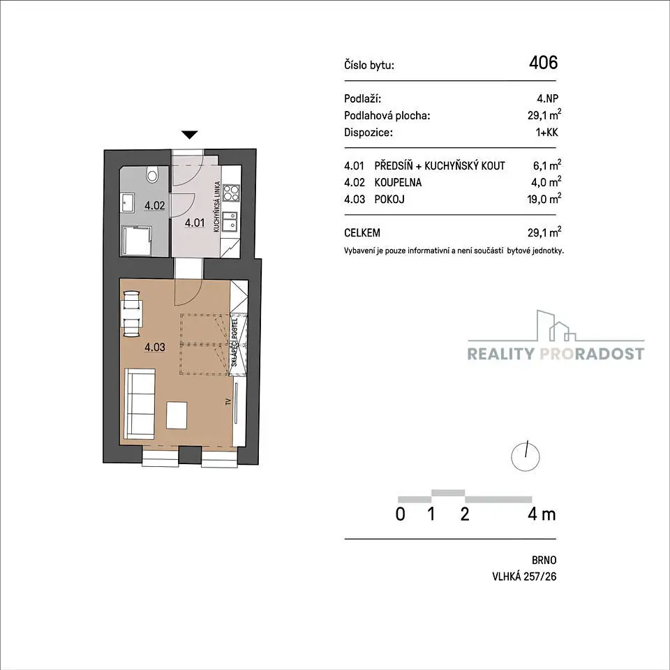 Pronájem bytu 1+1 29 m², Vlhká, Brno - Zábrdovice