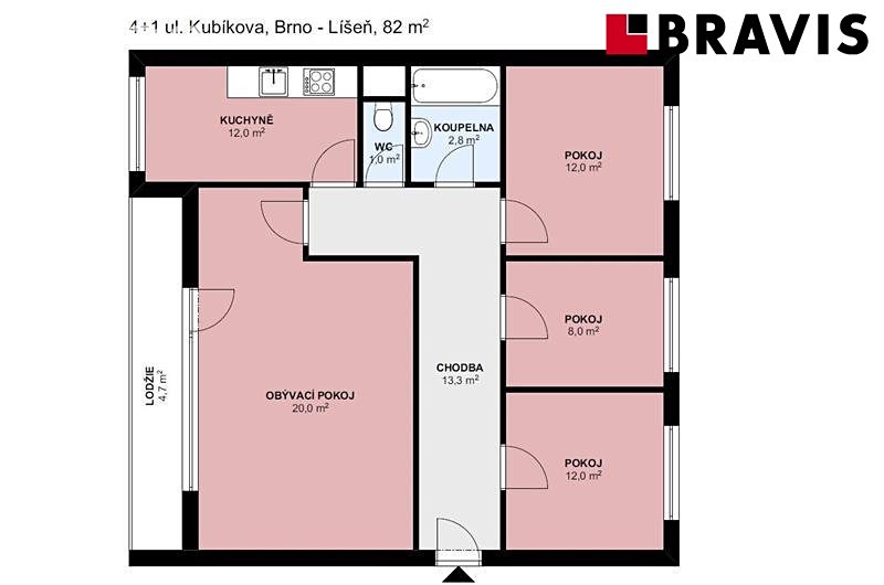 Pronájem bytu 4+1 82 m², Kubíkova, Brno - Líšeň