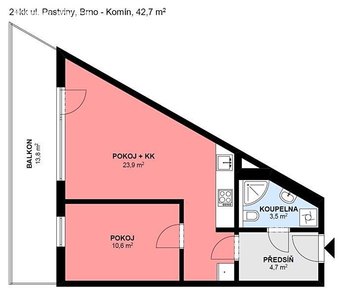 Pronájem bytu 2+kk 57 m², Pastviny, Brno - Komín