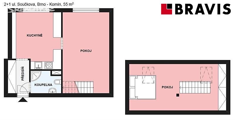 Pronájem bytu 2+1 55 m² (Mezonet), Součkova, Brno - Komín