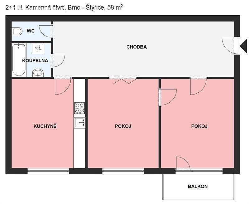 Pronájem bytu 2+1 58 m², Kamenná, Brno - Štýřice