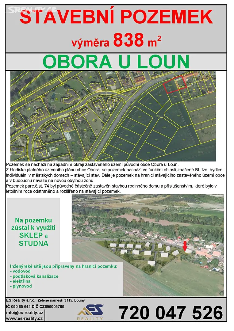 Prodej  stavebního pozemku 838 m², Obora, okres Louny