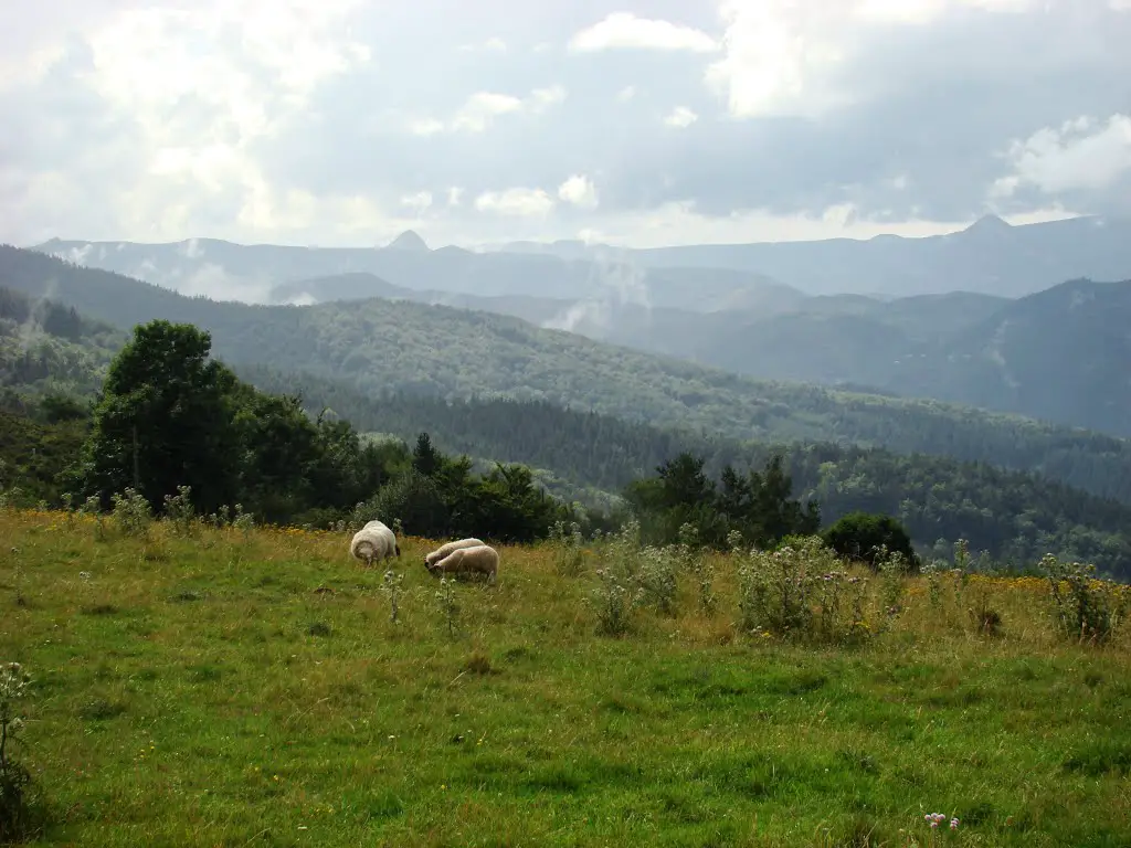 le Vivarais (panoramique sur ) : le cirque des Boutières,volcans et Monts d'Ardèche. Département de l'Ardèche, Rhone-Alpes,FRANCE.