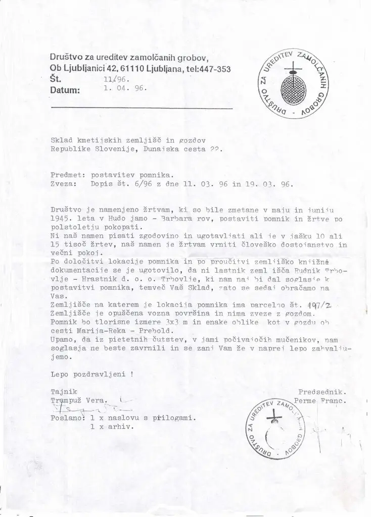 1996 dopis Društva za ureditev zamolčanih grobišč