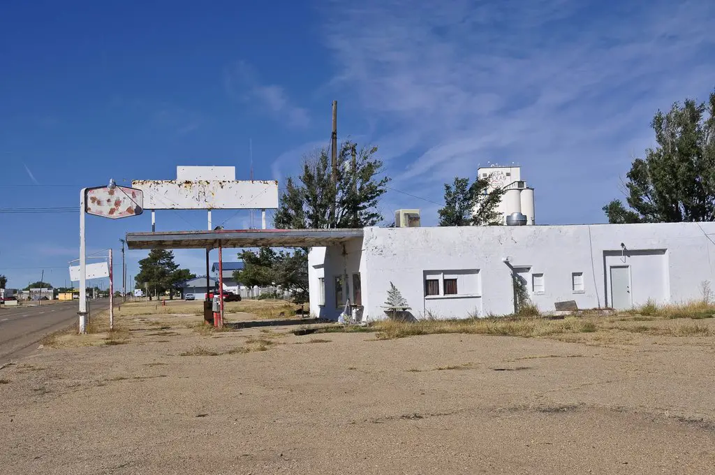Abandoned Texaco service station on Route 66, Vega, Texas.