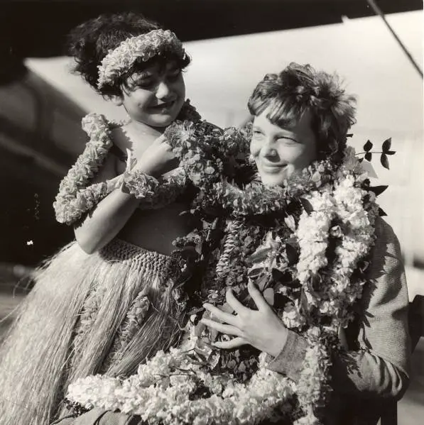 Amelia Earhart Receiving a Lei From Dorothy Leslie
