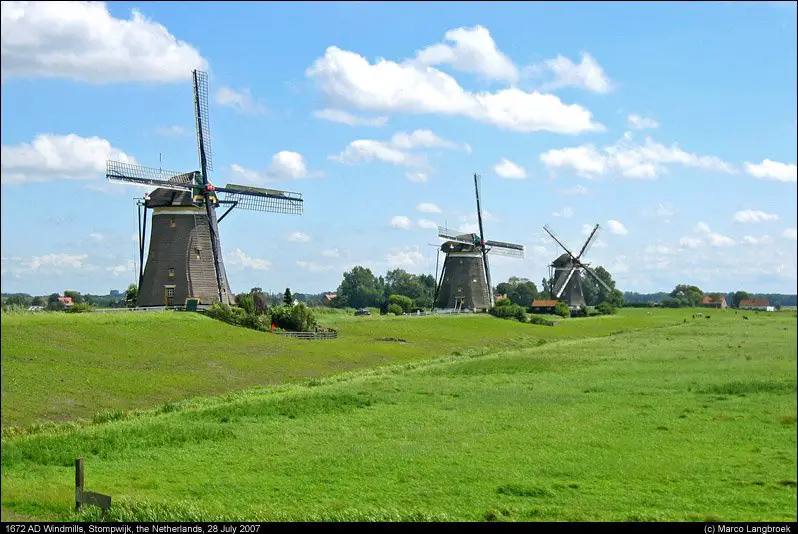 Three 1672 AD windmills near Stompwijk, the Netherlands