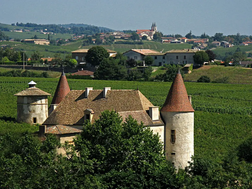 Château de La Palud (Quincié-en-Beaujolais) au loin Régnié avec ses 2 clochers