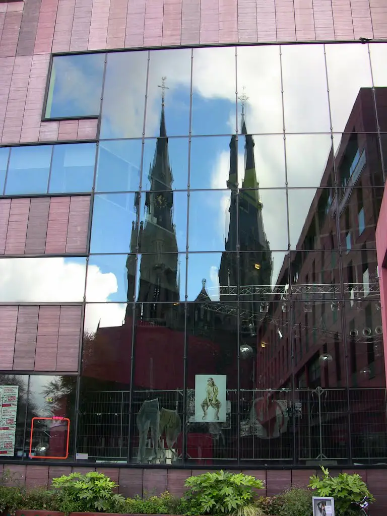 Reflection from the Catharina church in the young centre Dynamo in Eindhoven