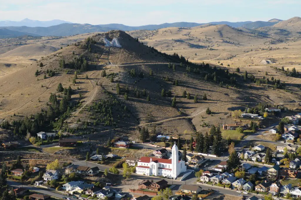 Aerial view of Butte Montana Church and "M" on hill